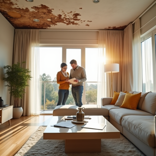 Salon moderne avec des traces d'humidite au plafond