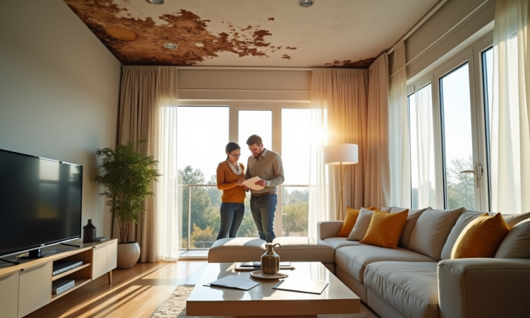 Salon moderne avec des traces d'humidite au plafond