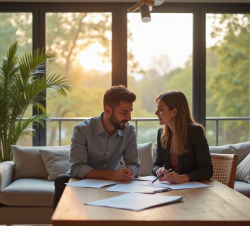 Salon moderne avec couple discutant d'investissement immobilier