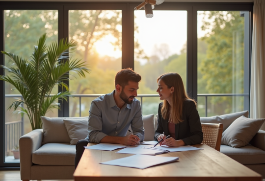 Salon moderne avec couple discutant d'investissement immobilier