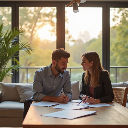 Salon moderne avec couple discutant d'investissement immobilier