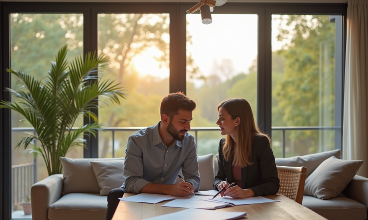 Salon moderne avec couple discutant d'investissement immobilier