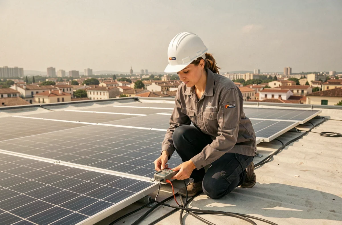 Technicienne de SARL MC est SOLAIRE vérifiant les connexions de panneaux solaires sur un toit commercial en milieu urbain dans les Bouches-du-Rhône