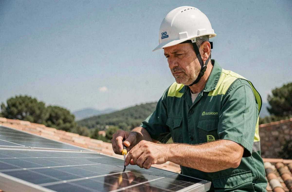 Technicien de Sarl Soleil Vert installant des panneaux photovoltaïques sur un toit en tuiles provençales avec ciel bleu méditerranéen en arrière-plan