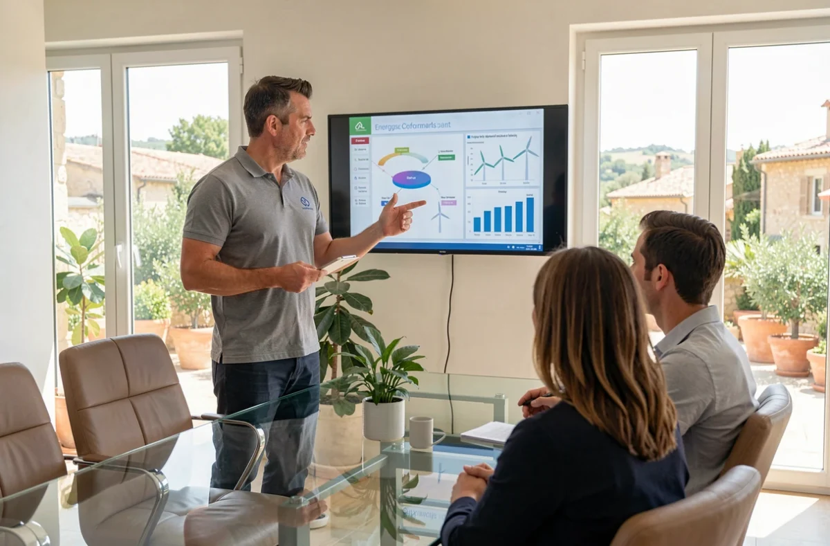 Consultant de SBG Energies présentant des données de performance énergétique à des clients dans une salle de réunion moderne en Provence