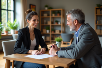 Femme signant un bail avec un propriétaire dans un salon accueillant