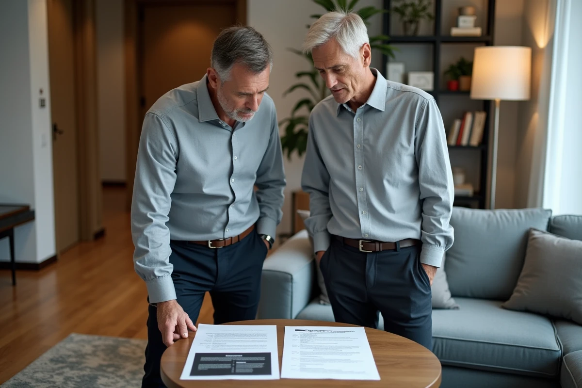Locataire et agent immobilier examinant ensemble l'état des lieux et la liste de mobilier d'un appartement meublé avant signature du bail