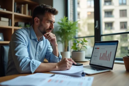 Homme analysant un simulateur de rentabilité locative sur ordinateur portable avec des tableaux financiers imprimés