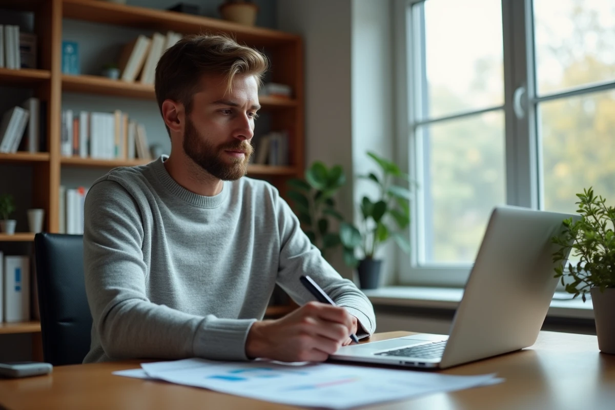 Homme analysant seul une simulation de remboursement partiel de prêt immobilier sur ordinateur à domicile