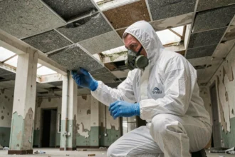 Technicien en combinaison de protection inspectant des matériaux amiantés dans un bâtiment industriel délabré lors d'un diagnostic de désamiantage