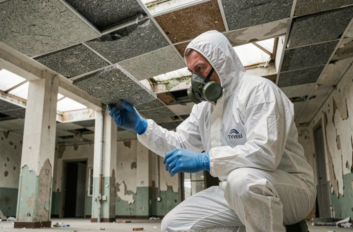 Technicien en combinaison de protection inspectant des matériaux amiantés dans un bâtiment industriel délabré lors d'un diagnostic de désamiantage