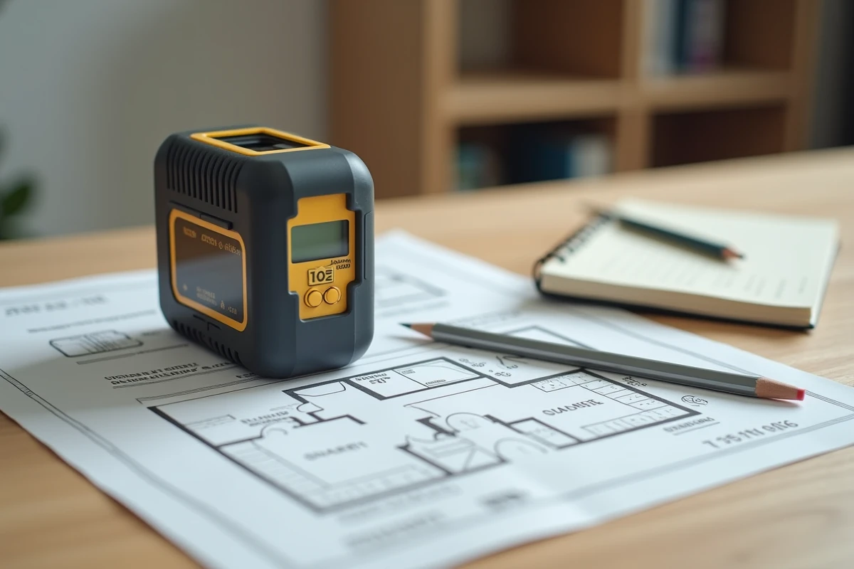Télémètre laser posé sur une annonce immobilière avec plan de surface et calculs manuscrits