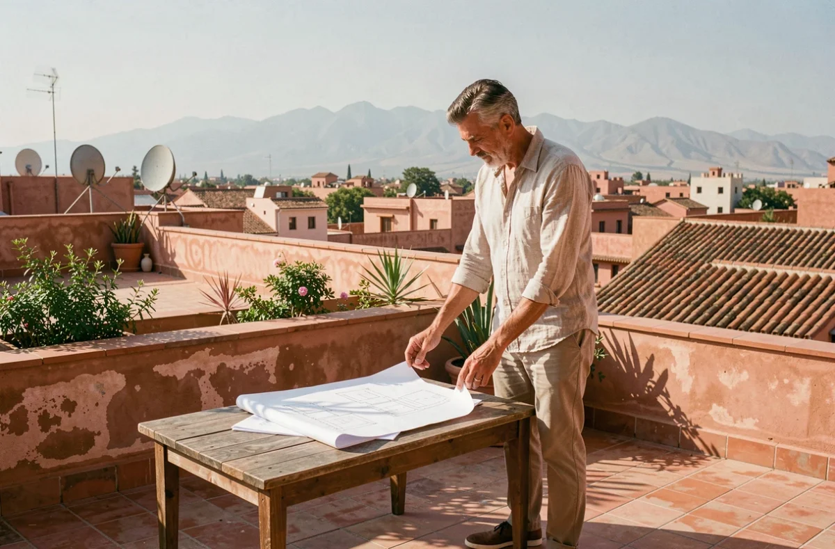 Homme consultant des plans immobiliers sur une terrasse d'appartement à Marrakech avec vue panoramique sur la ville et les montagnes