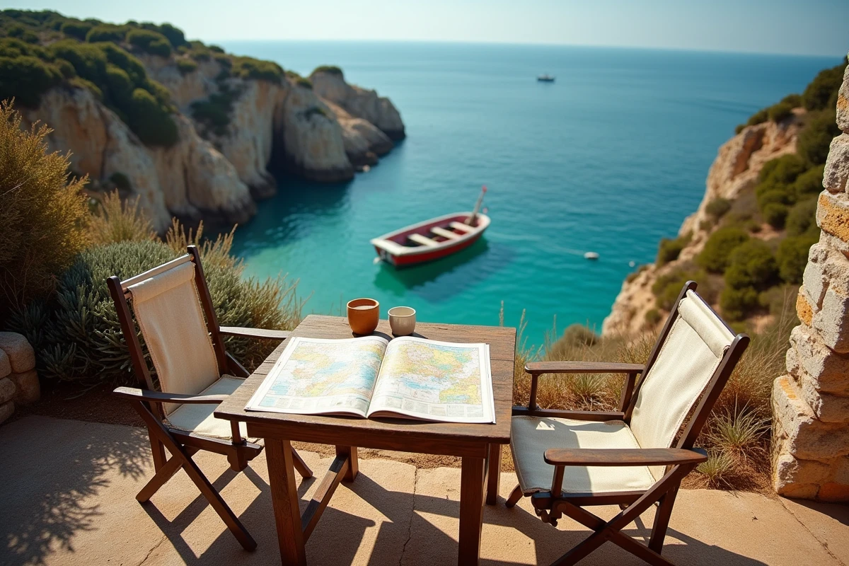 Terrasse en pierre d'une maison de pêcheur au Portugal avec vue sur une crique rocheuse de l'Atlantique et un bateau de pêche