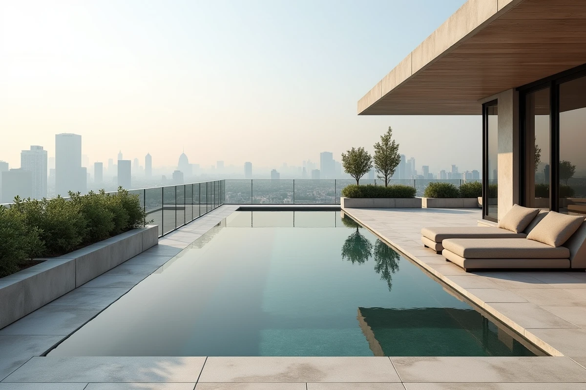 Terrasse de penthouse haut de gamme avec piscine à débordement et vue panoramique sur la ville
