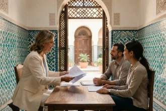 Agent immobilier présentant un appartement à vendre à Marrakech à des acheteurs potentiels dans un riad traditionnel
