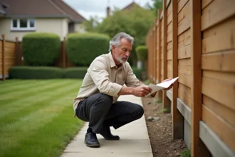 Propriétaire vérifiant la conformité de sa clôture en limite de propriété avec les règles du PLU dans son jardin