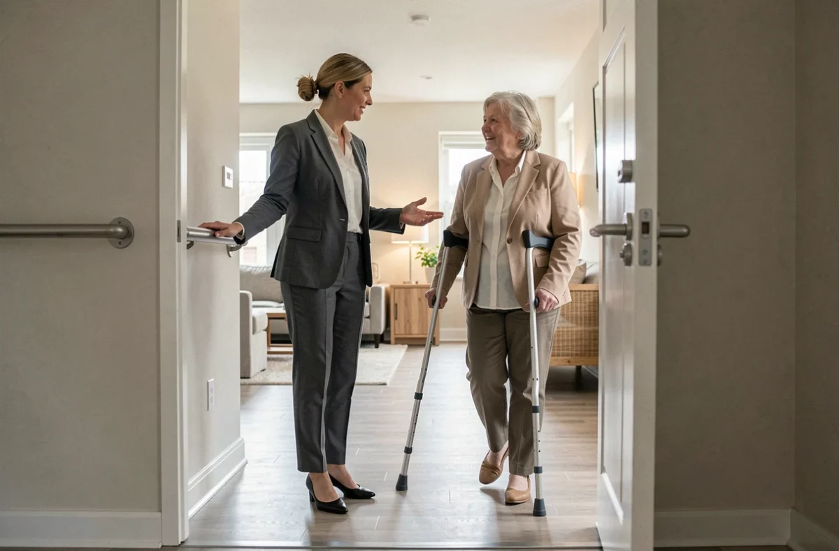 Agente immobilière faisant visiter un appartement accessible à une locataire en situation de handicap