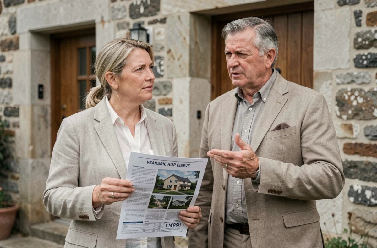 Couple visitant une maison en pierre bretonne lors d'une visite immobilière, tenant un document de vente devant la façade